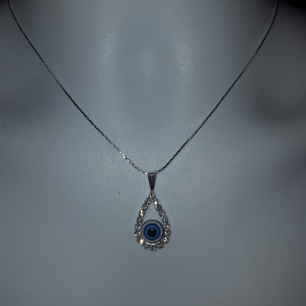 New Greek Evil Eye Platinum Plated CZ Necklace